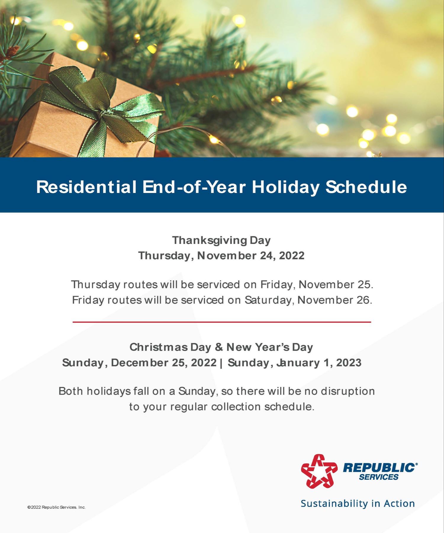Republic Services 2022 Thanksgiving and Christmas