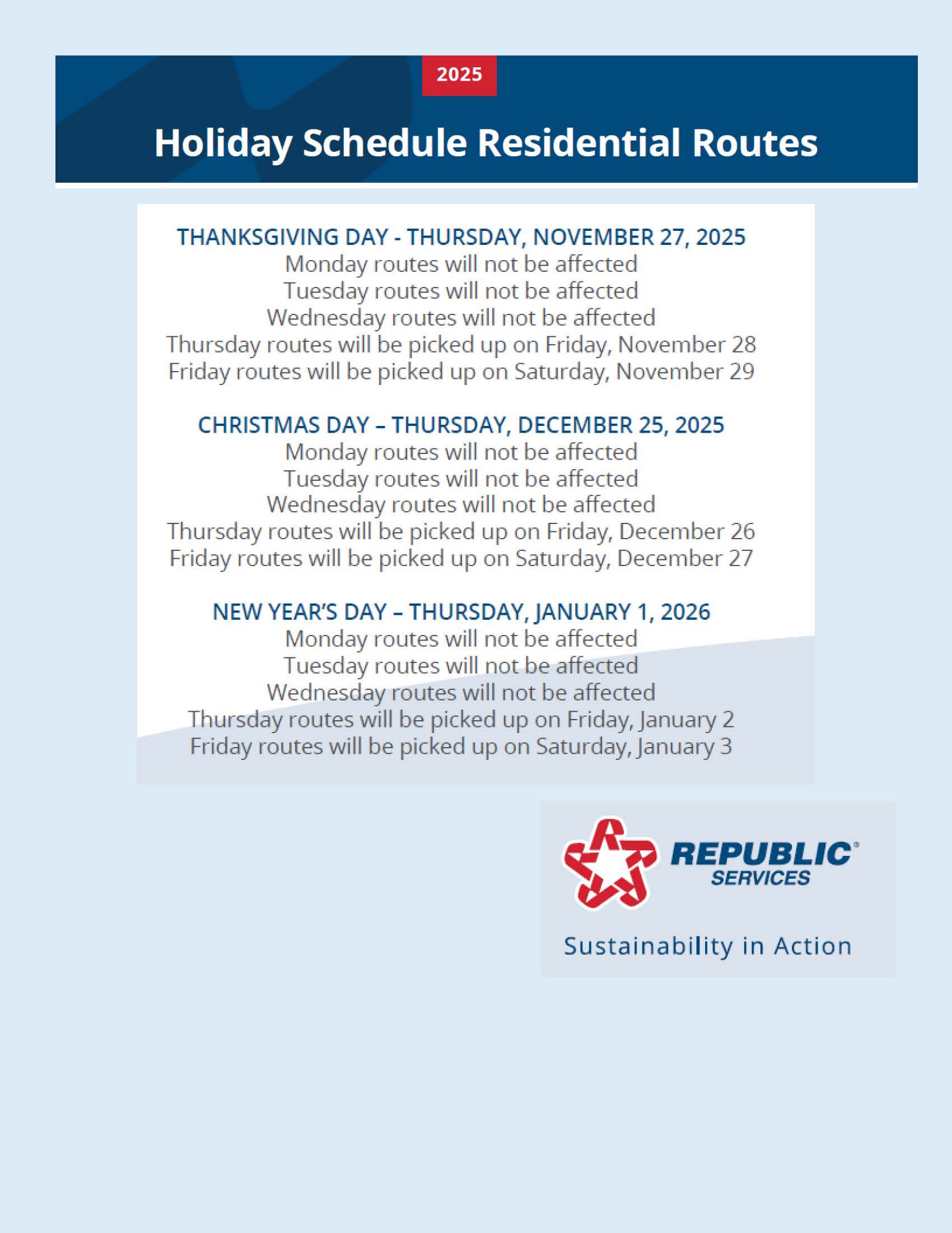 Republic Services Holiday 2025-26